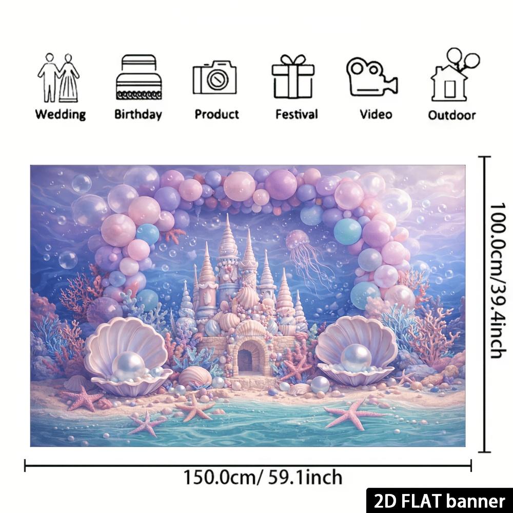 2D Flat Ocean-themed Party Banner Background Dreamy Underwater Castle Theme Suitable for Indoor or Outdoor Use