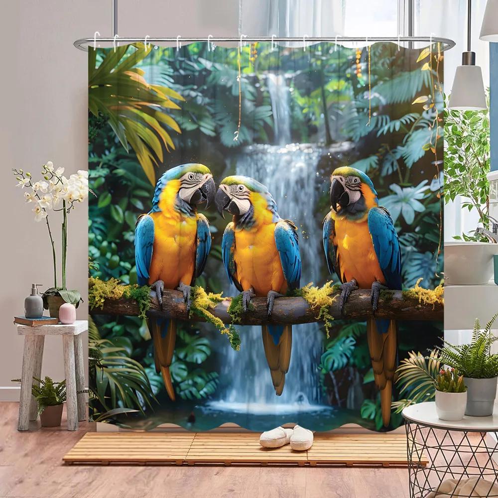 Papagei Duschvorhang Tukan Tropische Pflanze Tier Blume Blatt Ozean Flamingo Cartoon Polyesterstoff Badezimmerdeko Vorhänge