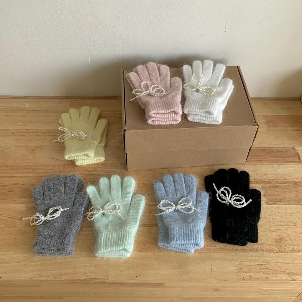 Autumn new Korean rabbit fur solid color cute pearl bow knitted wool finger gloves