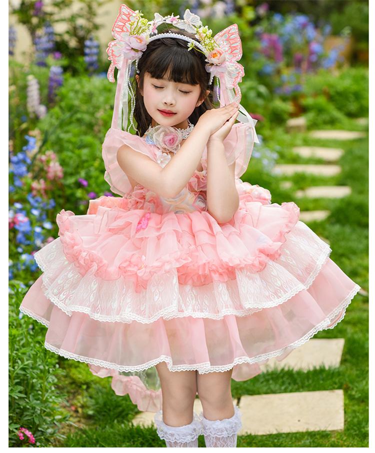 Girl Lolita Princess Dress Summer Lace Children's Super Fairy Flower Fairy Pink Dress Puff Skirt Dress