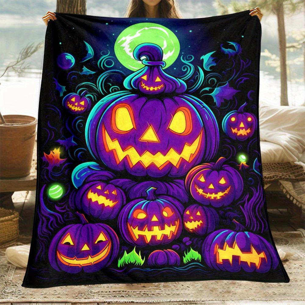 Halloween Pumpkin Blanket Spooky Haunted Night Party Blanket Purple Jack O Lanterns Glow In Dark Festive Seasonal Decoration