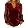 Elegant V-neck Mesh Lace Splicing Blouse Women Long Sleeved Velvet Dot Printed Loose Shirts Spring Autumn Office Tops Casual Simple T-shirts Clothing
