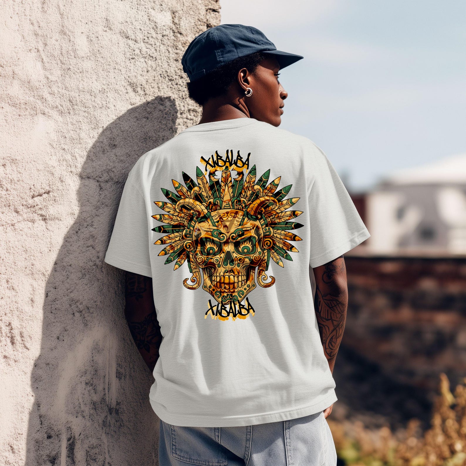 Xibalba Aztec Skull Headdress T-Shirt | Mayan Inca Tribal God Design XL