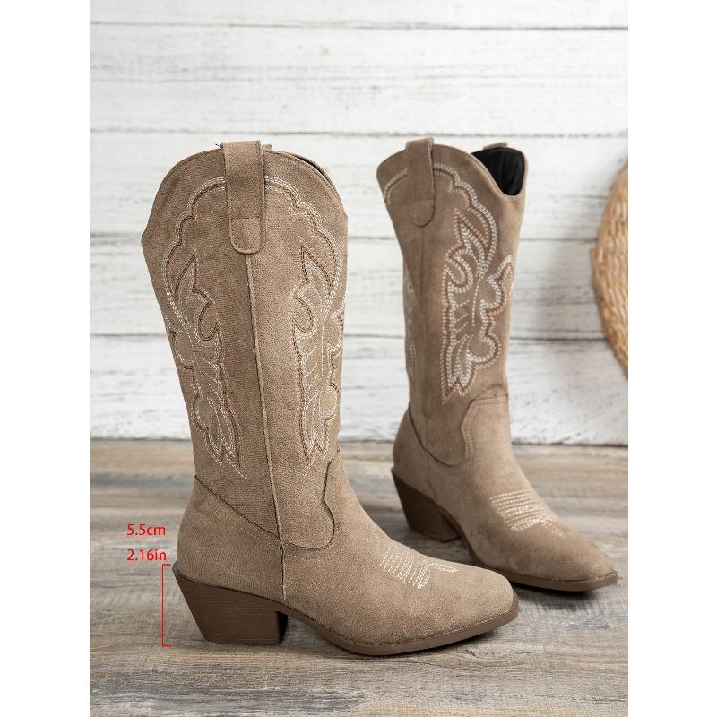 2025 Fashion Fall/Winter New Mid-Heeled Women's Boots Round Toe Plus Size Embroidered Western Women's Boots