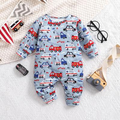 Newborn Baby Boy Cartoon Vehicle Print Long Sleeve Romper