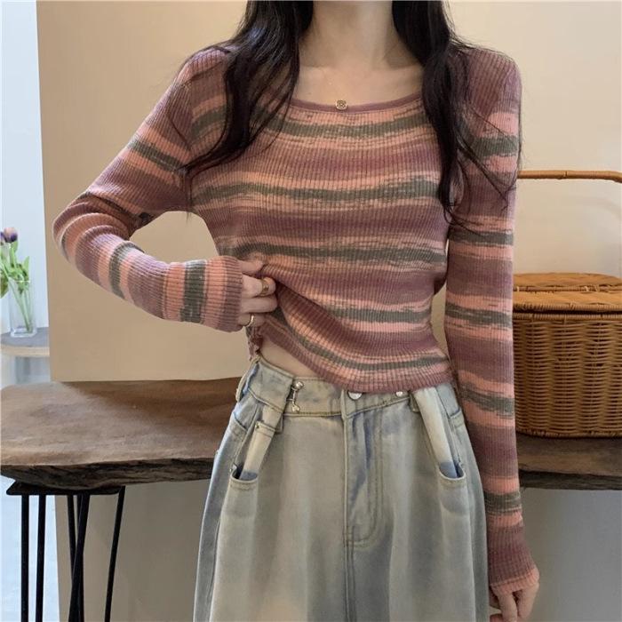 Women's Slim Fit Striped Contrast Long-Sleeve Autumn Sweater