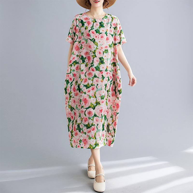 Summer Cotton Linen Irregular Printed Patchwork Loose Short Sleeved Dress for Women