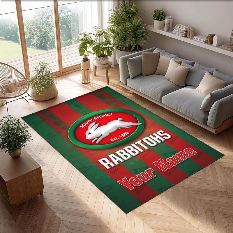 South Sydney Rabbitohs Crystal Velvet Rug, Custom Name Text Personalized Non‑Slip Floor Mat for Home Decor Gift