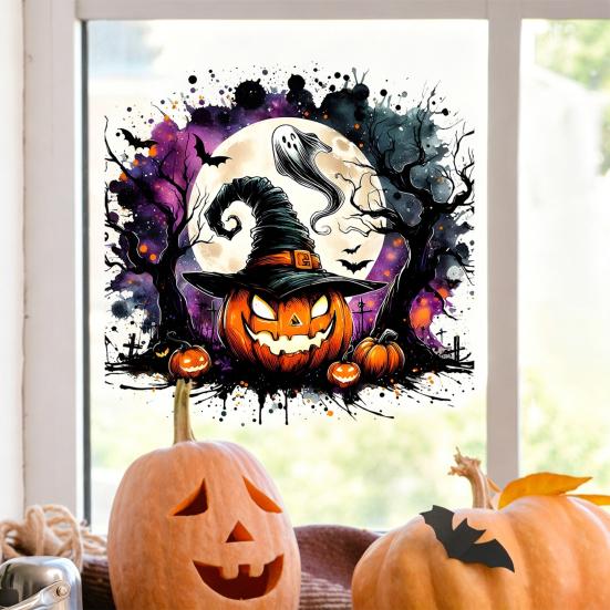 Creative Halloween Gift Ideas Static Window Clings, Watercolor Pumpkin Ghost Skull Decals, No Large Decals for Parties Glue Glass Stickers Living Room