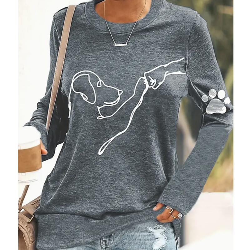 

2025 Осень и Зима Женский Новый Повседневный Топ с Круглым Вырезом и Длинным Рукавом с 3D Принтом Щенка 8XL серый
