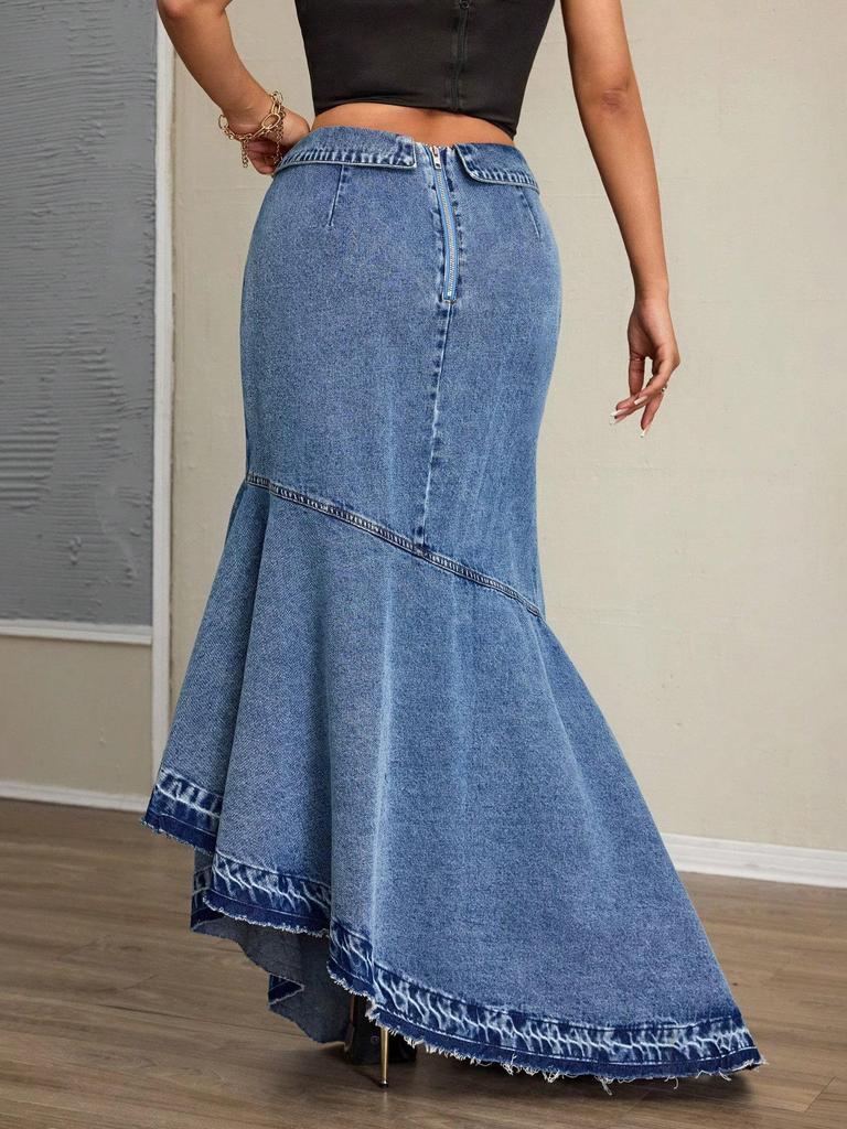 Fustă Midi din Denim Coadă de Pește Europeană și Americană X Spot-15869# - Lungă, Subțiatoare, Ridică șoldurile, Elegantă.