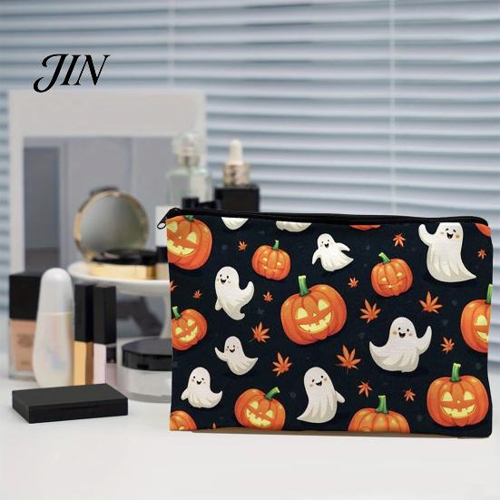 Durable Canvas Organizer for Travel Halloween Storage Bag, with Pumpkin Ghost Print, Washable Makeup Large Capacity Pouch, And Stationery Compact