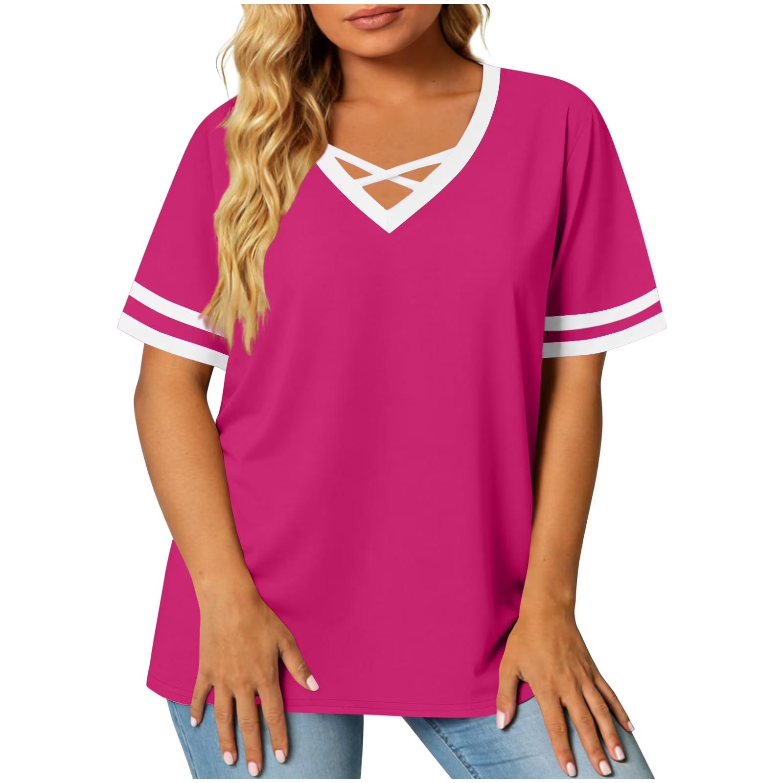 

Women’s Short Sleeve V Neck Strappy Loose Fit Top with Double Stripe Sleeve Casual Tunic Blouse for Daily Wear XL