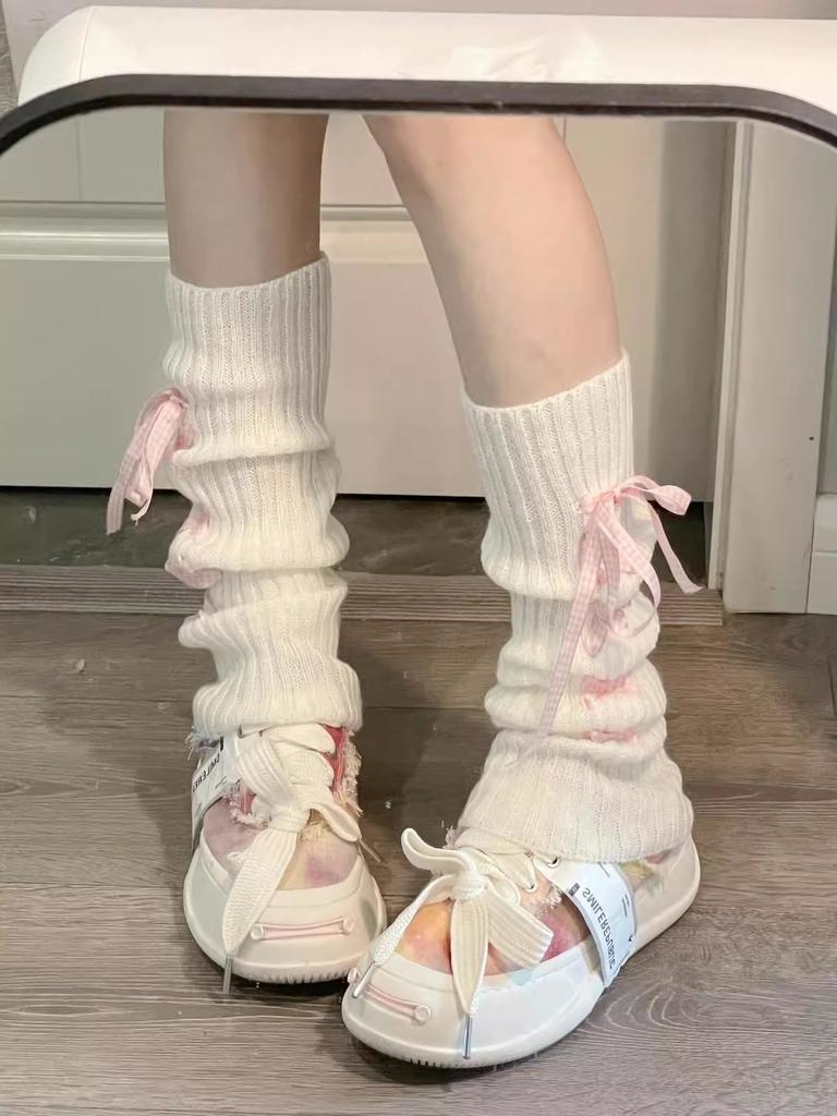 Woman Lolita Leg Warmer Autumn and Winter Ribbon Lolita Black Knee Warmers Long Socks JK Knitted Girl White Leg Warmers Stocking