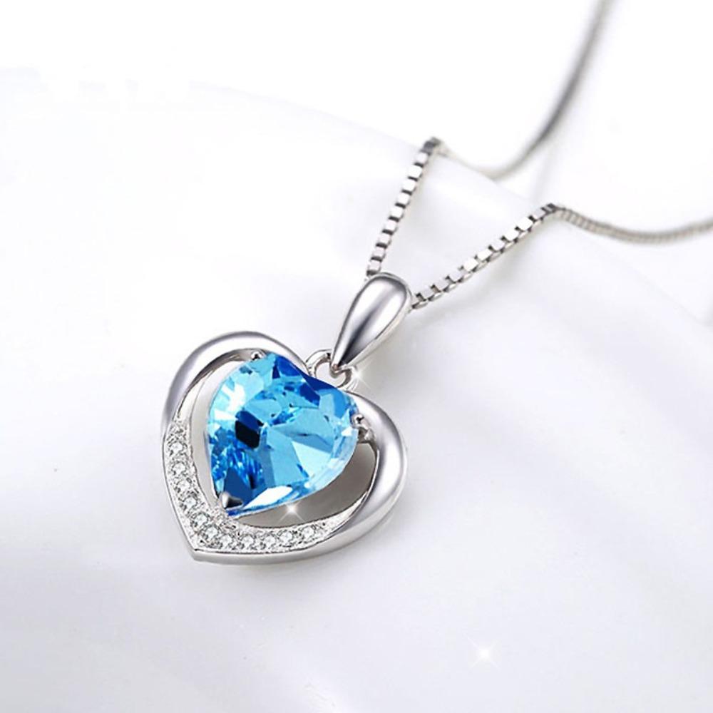 Blue Crystal Heart Pendant Necklace Eternal Love Jewelry for Women