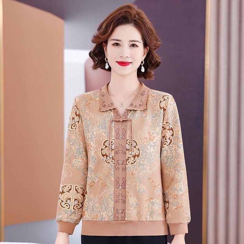 Early autumn new middle-aged and old medium lapel knitted sweater women's fashion mother autumn sweater