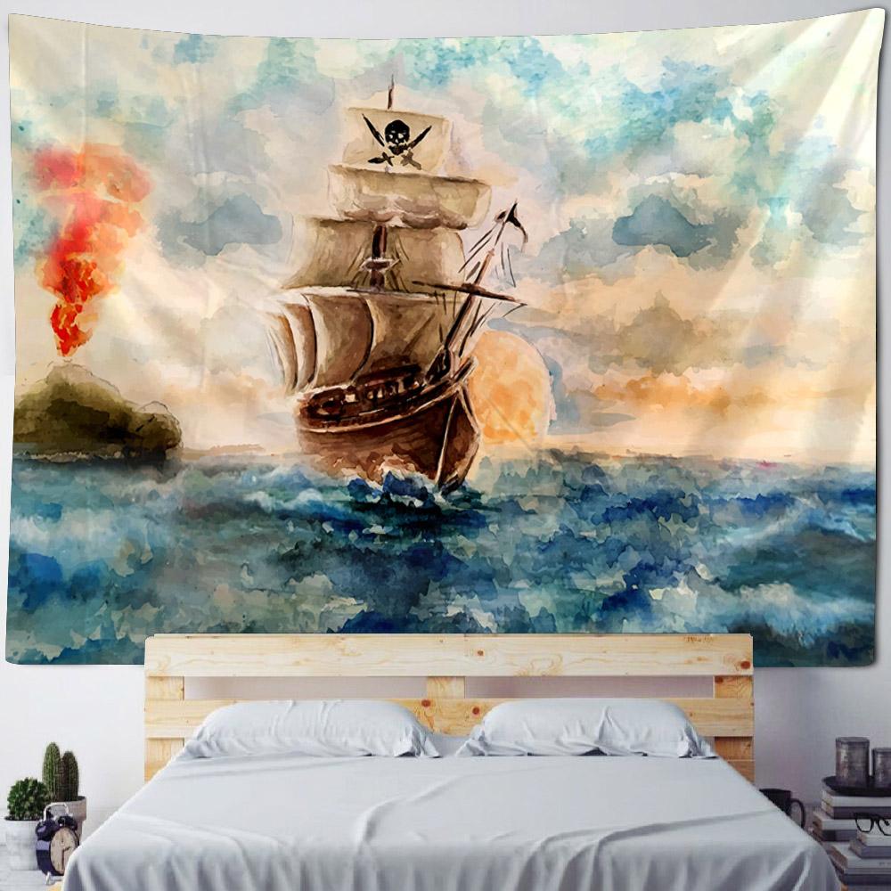 Ozean Ölgemälde Wandteppich Retro Piratenschiff Wandbehang, Hippie Heimdekoration Wandbild, Wohnzimmer und Schlafzimmer Kunstdekoration