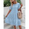 Vestido de Verão Feminino Vazado Plissado A-line Gola O Manga Curta Trompeta Vestido Midi Patchwork Cor Sólida Grande Roda Vestido de Senhora