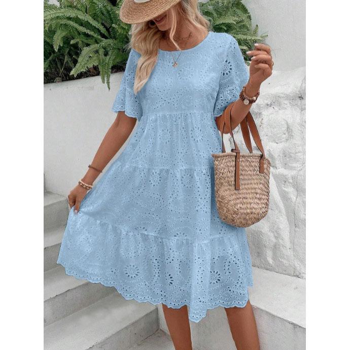 Vestido de Verão Feminino Vazado Plissado A-line Gola O Manga Curta Trompeta Vestido Midi Patchwork Cor Sólida Grande Roda Vestido de Senhora