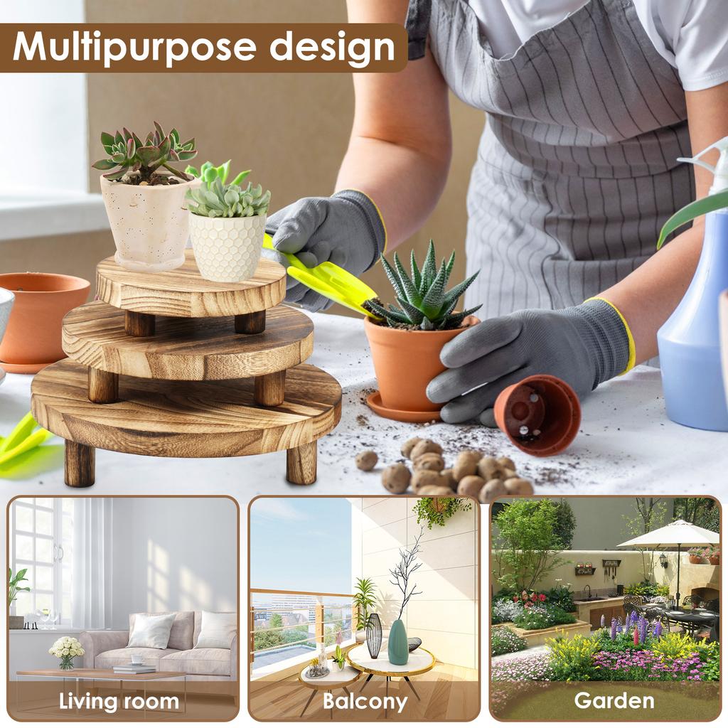3Pcs Wooden Stool Display Stand 3 Sizes Wood Plant Holder Riser Stand Round Wood Riser with Removable Feet for Home Patio Decor