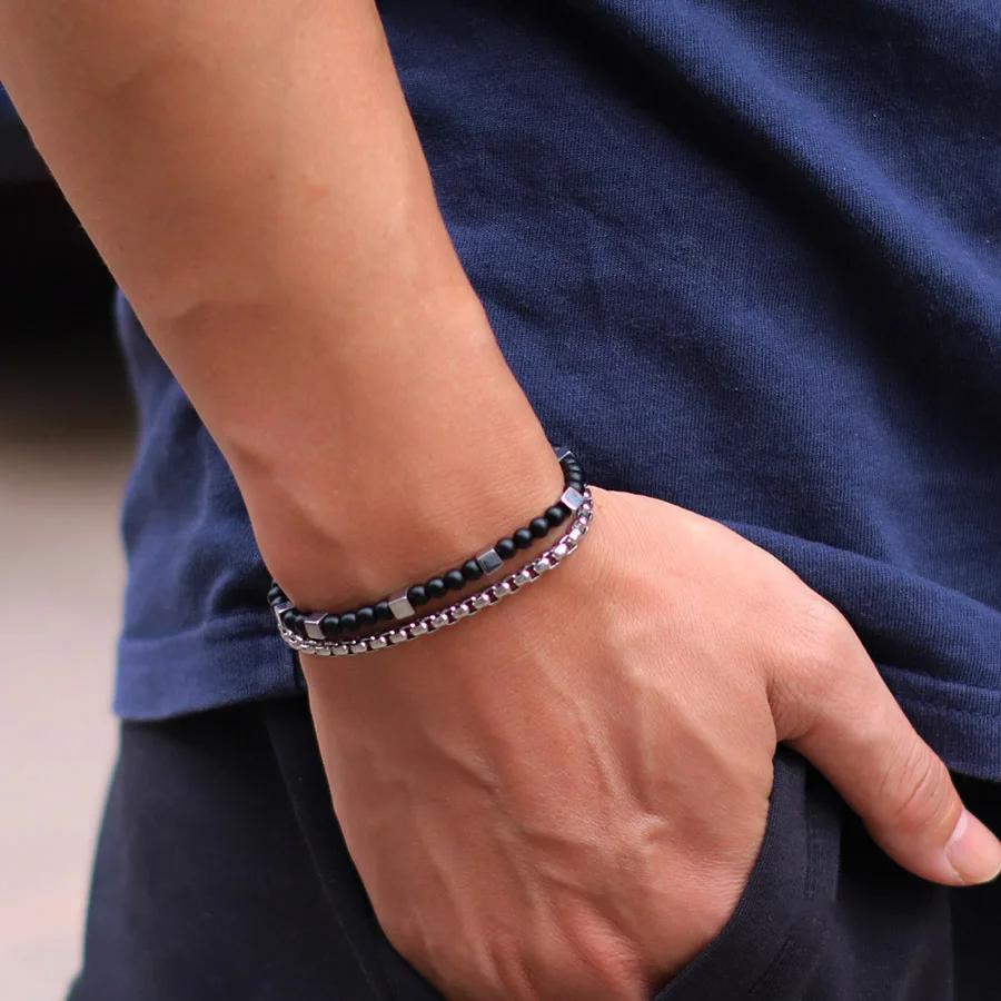 

Stylish 2Pcs Men Bracelet Set 4mm Stainless Steel Cuban Chain Braslet Square Hematite Stone Healing Braclet Cycling Accessories 20.5cm(8.1inches) оникс