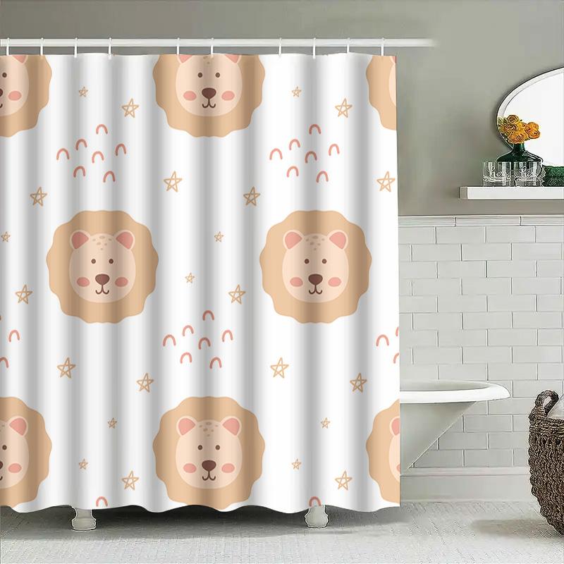 Cute Lion Print Shower Curtain Modern Bathroom Decor For Kids Room Waterproof Fabric With Hook Rings Set Light Pink Color Size: