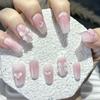 10Pcs Handmade Short Square Press On Nails, Pink Blush Gradient with 3D Heart & Bow Fake Nails for Sweet Girls