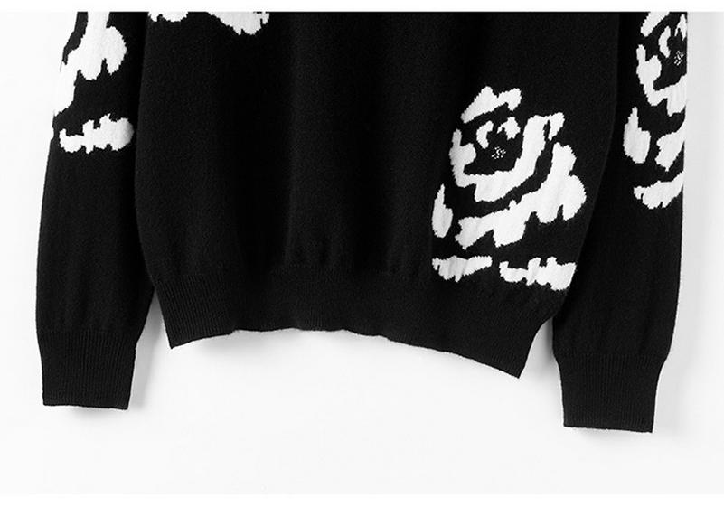 Women's Pure Cashmere Rose Color Block Round Neck Sweater