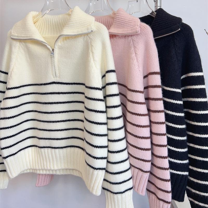 GMXIA Striped Half-zip Pullover Sweater Women's Fall/winter Loose Slouchy Thick Knitwear