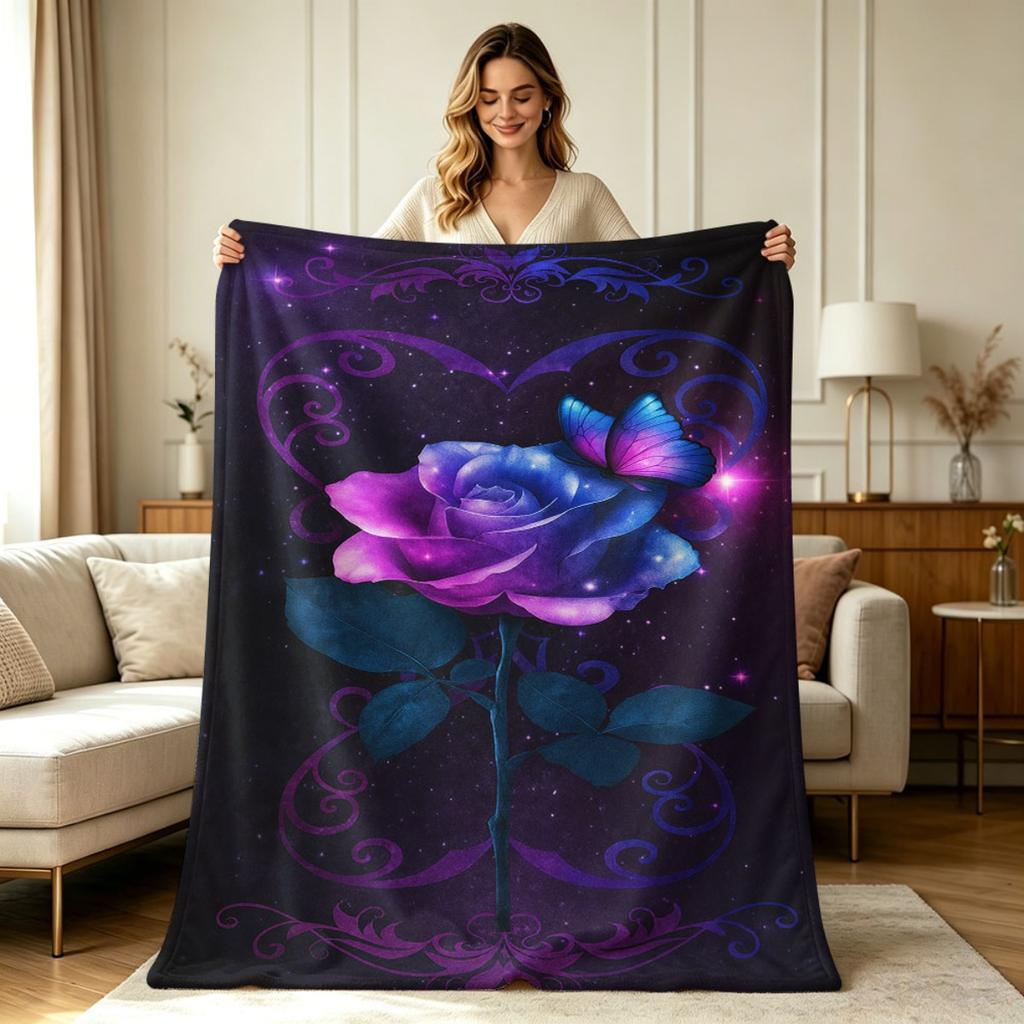 All Season Flannel Blanket with Galaxy Rose Butterfly Floral Print Soft Warm Throw Blanket for Couch Sofa Bedroom Living Room Office Home Decor