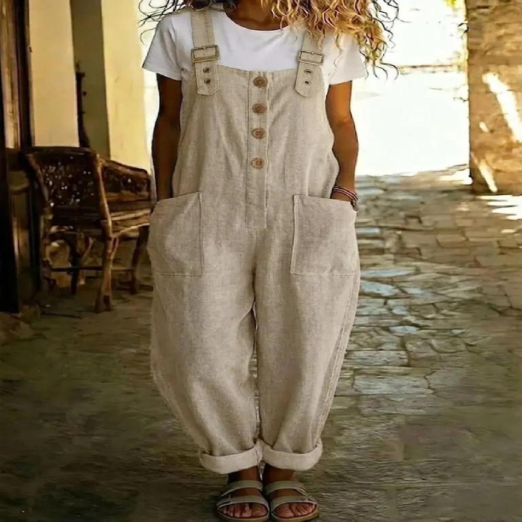 2026 Women's Summer Cotton Linen Retro Pocket Straight-Leg Overalls