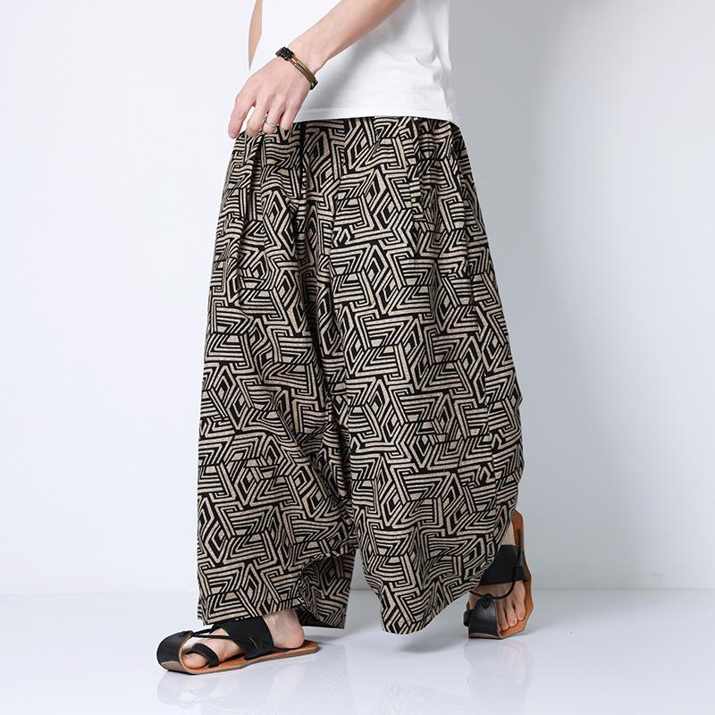 Men Pants Printing Elastic Waist Loose Vintage Casual Trousers Men Joggers Streetwear Male Drop-crotch Pants S-5XL