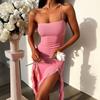 Women European Style Backless Mesh Splicing Ruffled Irregular High Waist Strap Long Dress