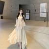 Elegant Chinese Style Set: Off-Shoulder Irregular Shirt and Ruffled Gauze Skirt for Mature Women