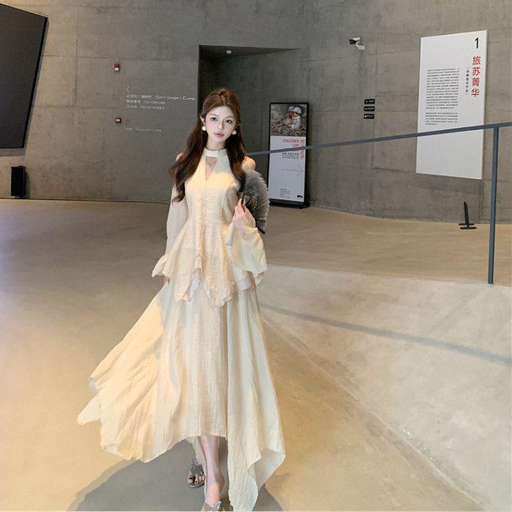 Elegant Chinese Style Set: Off-Shoulder Irregular Shirt and Ruffled Gauze Skirt for Mature Women L