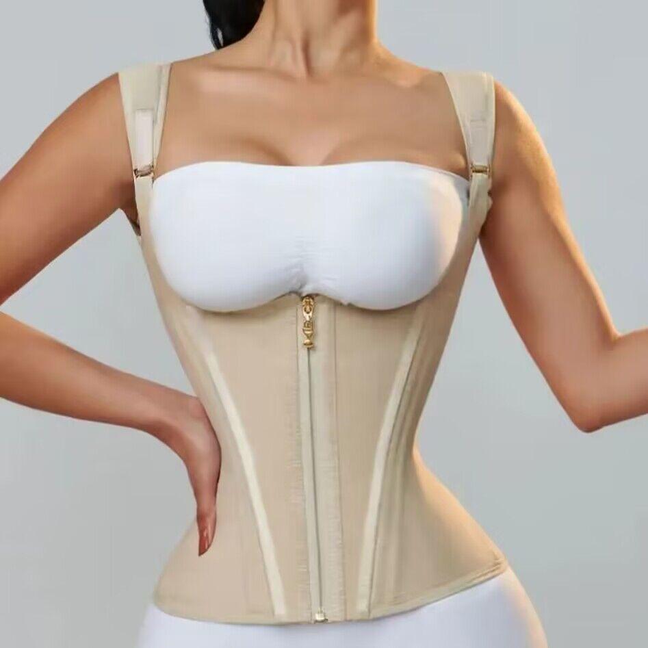 Women's Cross-15 Bone Elastic Mesh Waist Corset with Zipper & Bra Support for Body Shaping