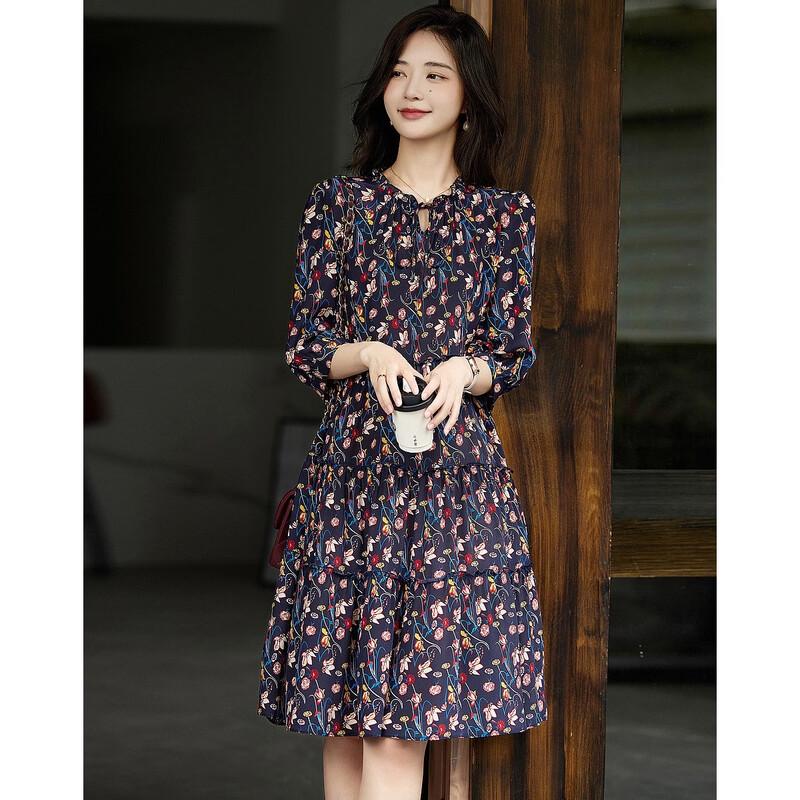 Demana Timeless Bloom 100% Silk Floral Tie-Neck A-Line Dress