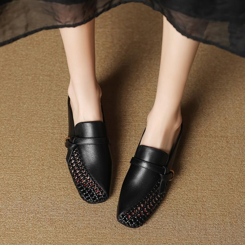 Fashion NEW Summer Women Mules Genuine Leather Shoes for Women Square Toe Chunky Heel Shoes Cover Toe Slingback Sandals Weave Slippers