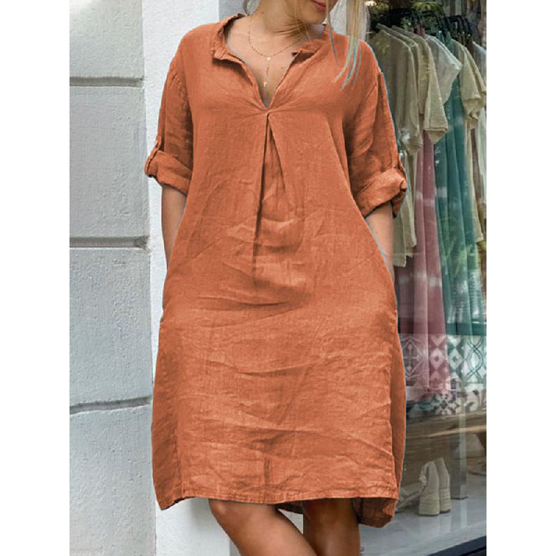 2026 New Women's Casual V-neck Discounted Long-sleeve Solid Color Loose Dress