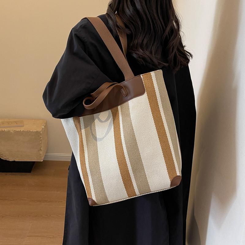 Canvas Bag Large Capacity Shoulder Bag for Female Striped Tote Bag