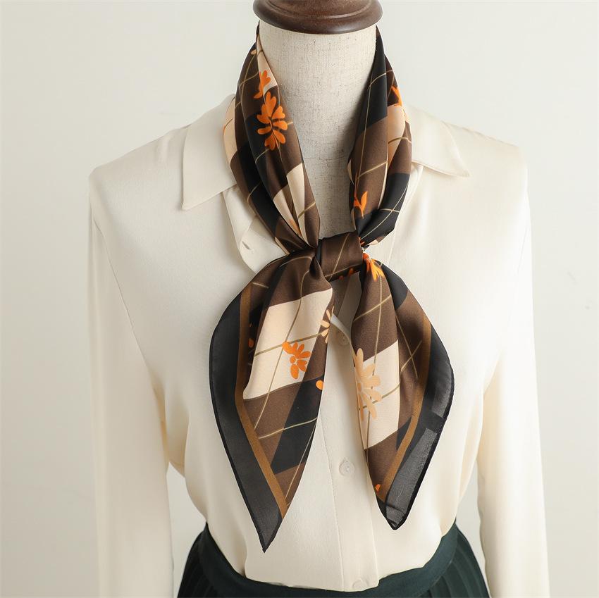British plaid small fresh silk scarf sunscreen shawl versatile floral scarf imitation silk 71cm square scarf professional scarf