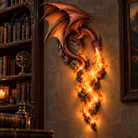 Led Night Sconce, Gothic Guardian Wall Light Dragonfire Fantasy Dragon Head Lamp, Vintage Gift