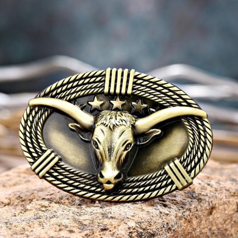 Bull Head and Star Belt Buckle, Western Oval Metal Waist Accessory for Adult Jeans, Casual Looks, and Stage Outfits