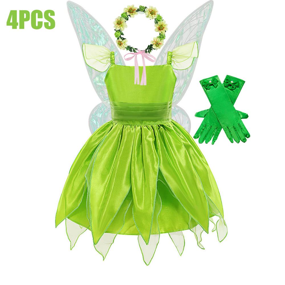 Kids Girl Cosplay Bell Costume Halloween Role Playing Green Dress Fancy Fairy Princess Cosplay Birthday Party Dresses Knee Lengt