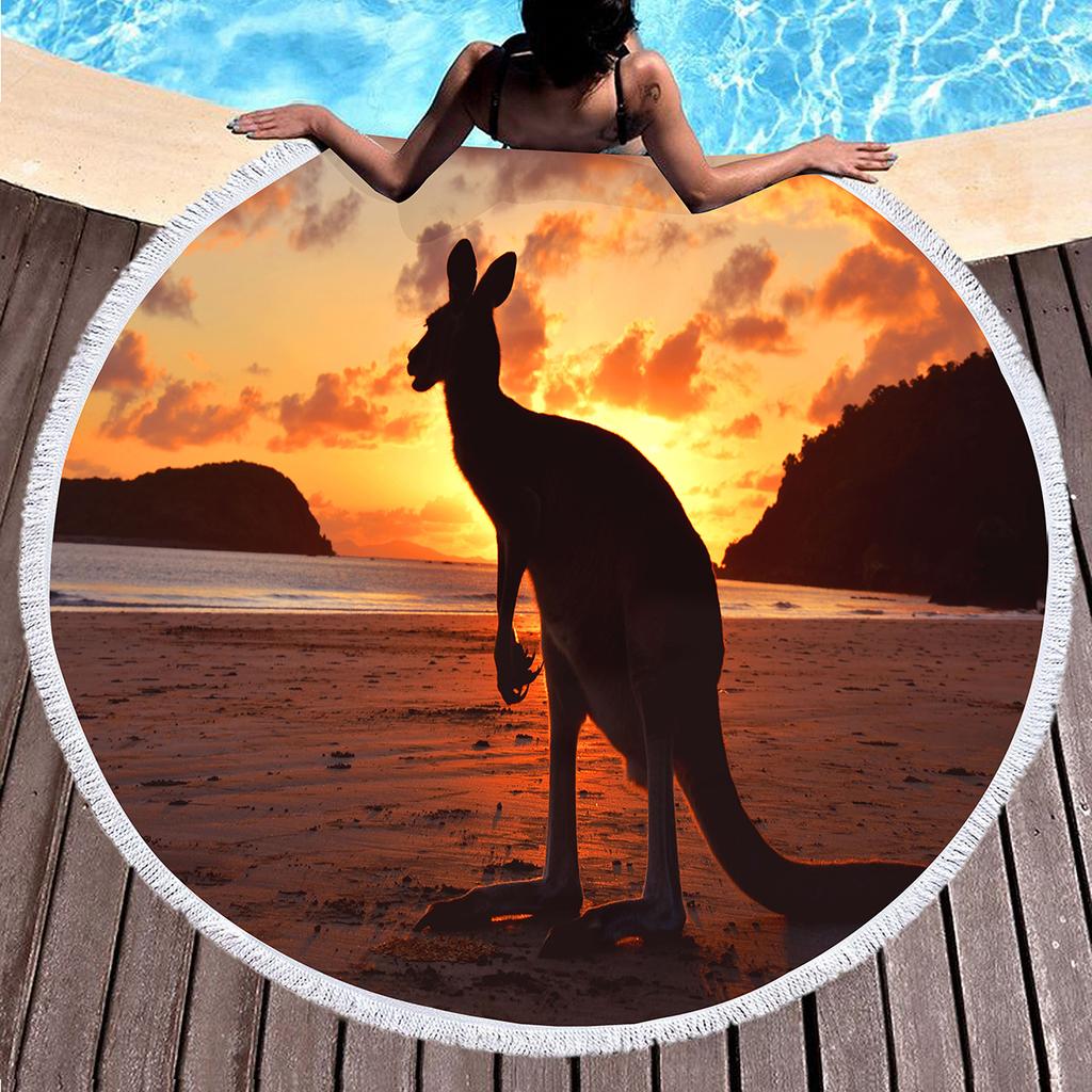Kangaroo Round Beach Towel with Tassels, Microfiber Quick Dry Beach Blanket Sand Free Quick Dry Yoga Mat Circle Swim Pool Towel