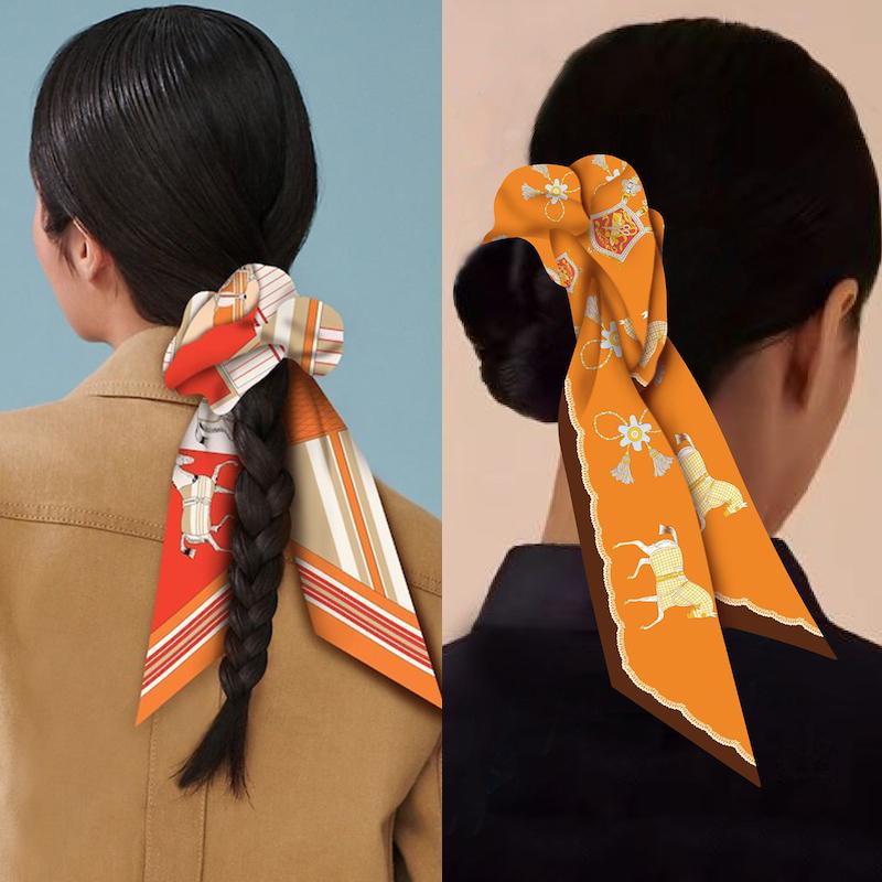 Girl Hair Silk Scarf Lady Elastic Scrunchies Ties Band Accessories Luxury Design Horse Print Ponytail Hairstyle Hairbands Ribbon
