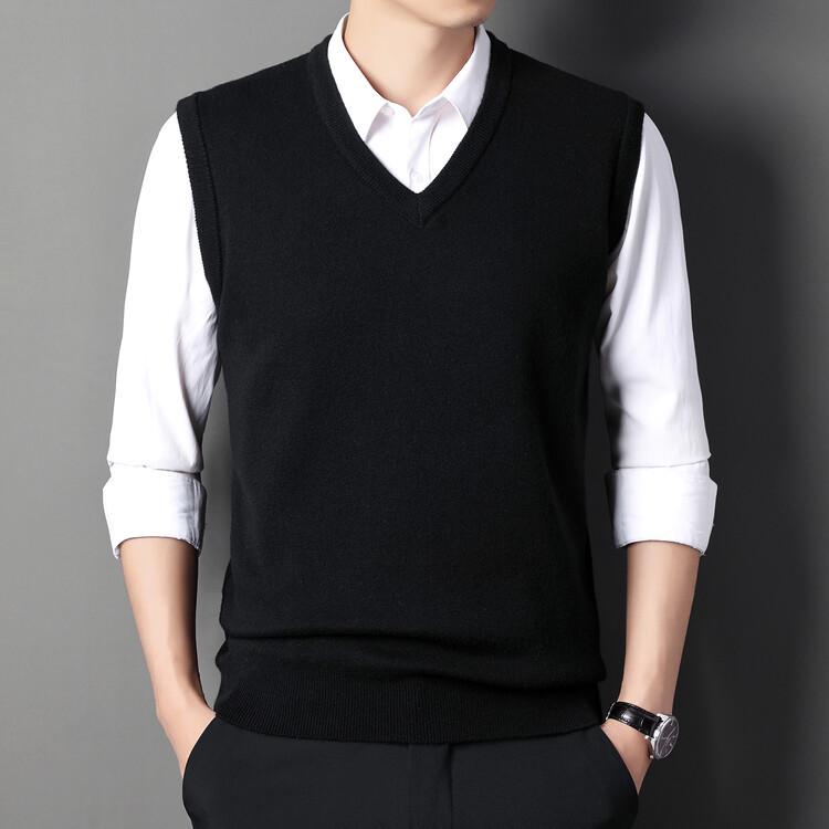 Men's Wool Blend V-Neck Sleeveless Cardigan Vest for Middle-Aged and Elderly