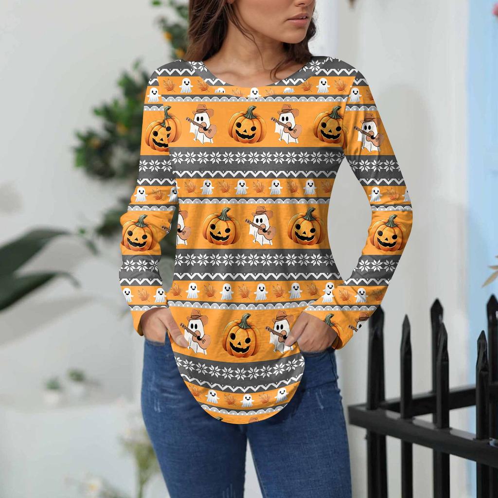 Women's Loose Fit Long Sleeve T-Shirt with Retro Halloween Print, Neck Pullover Top