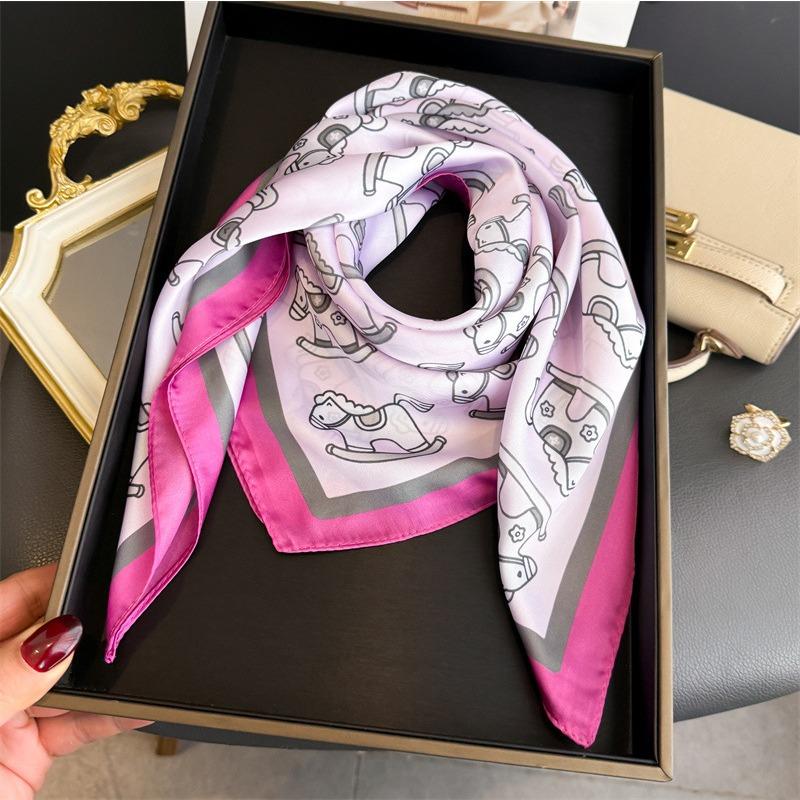 Korean Style Cute Trojan Printed Silk Feel Square Scarf For Women