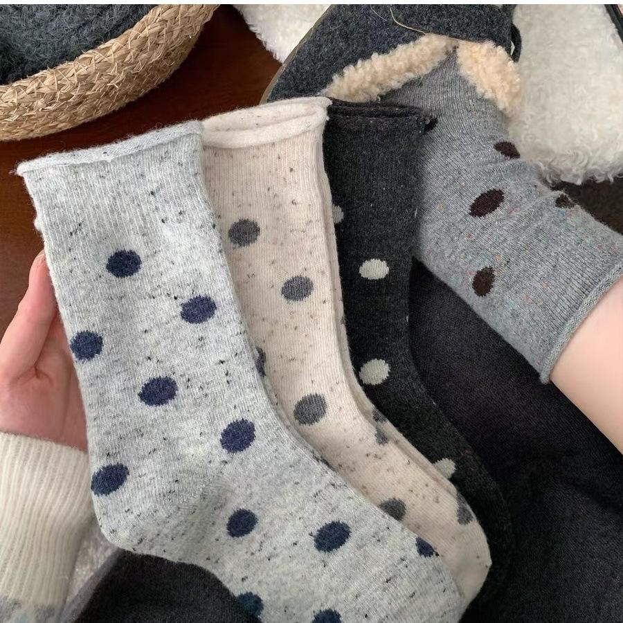 Cute Polka Dot Socks Women'S Season Wool Mid-Tube Socks Dot Yarn Thickened Warm Socks Rolled Hem Stacked Socks